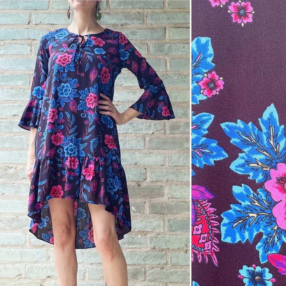 Everly Shift Dress Dark Purple Floral High-Low 3/4 Bell Sleeve Ruffle Midi S